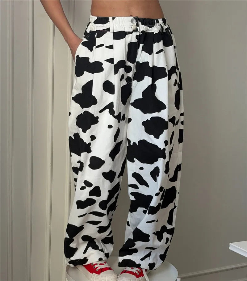 Harajuku Women Cow Print Zebra Print Baggy Wide Leg Pants Elastic High Waist Pleated Oversized Casual Long Trousers