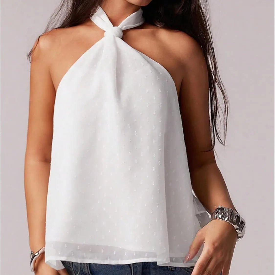 Summer Women Halter Neck Sleeveless Tank Sexy Open Back Tie Knot Backless Top Vest Elegant Swiss Dot Casual Streetwear