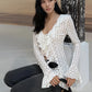 Jacquard t-Shirt Women Bandage Ruffles v-Neck Irregular Hem Elasticity Flare Sleeve Sexy Street Fashion Clubwear