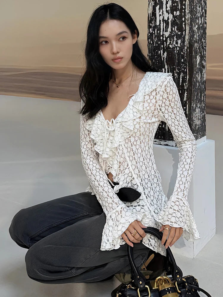 Jacquard t-Shirt Women Bandage Ruffles v-Neck Irregular Hem Elasticity Flare Sleeve Sexy Street Fashion Clubwear