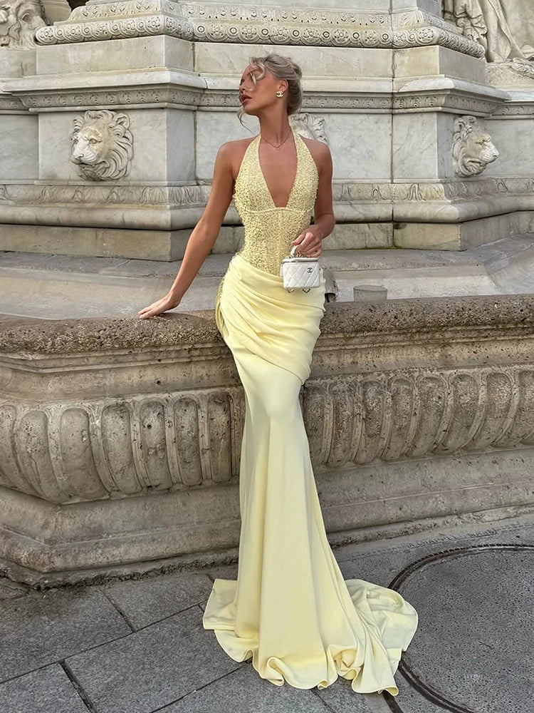 Patchwork Dress Women Fake Diamond Decoration Halter v-Neck Backless Folds Elegant Dinner Party Vacation Vestidos