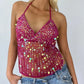 Women Sequin Halter Top Sexy Sleeveless Deep V Neck Glitter Tank Top Sparkle Backless Crop Top Summer Streetwear