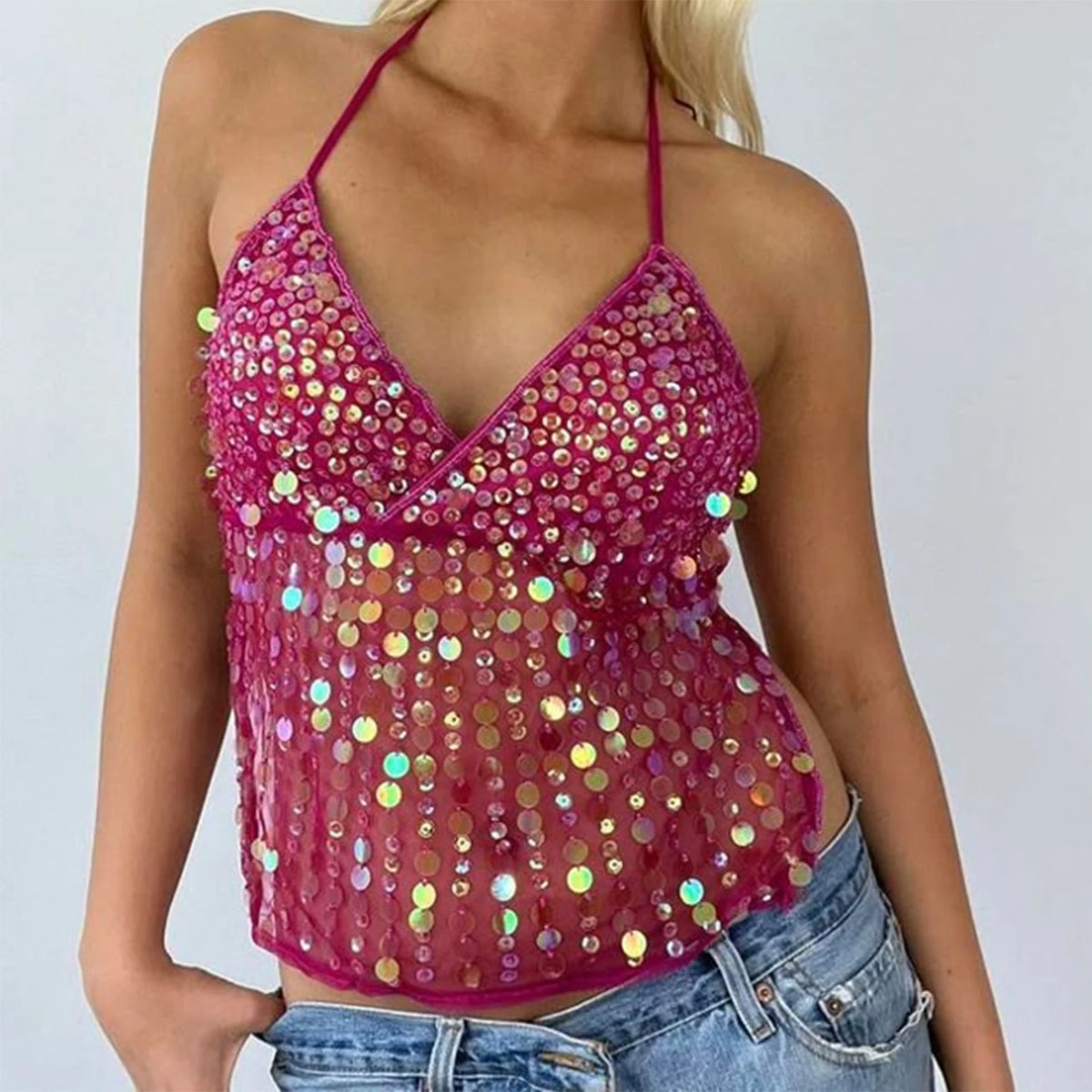 Women Sequin Halter Top Sexy Sleeveless Deep V Neck Glitter Tank Top Sparkle Backless Crop Top Summer Streetwear