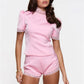Women's 2 Piece Satin Short Sets Outfits Fashion Mock Neck Puff Sleeve Tee Top and Lace Trimmed Shorts Summer Set