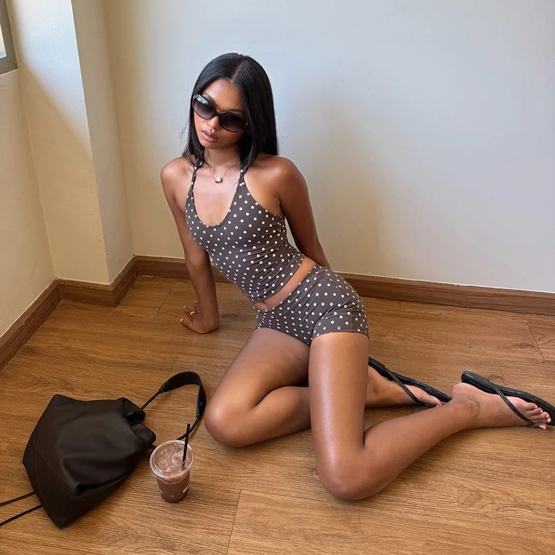 Brown Polka Dot Print 2 Piece Summer Set Halter Top and Shorts Matching Sets Woman Clothing
