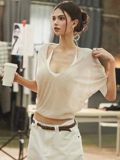 Casual Loose V Neck Long Sleeve Top Solid Color See Through T Shirts for Woman Clothing Fall 2025 Fashion