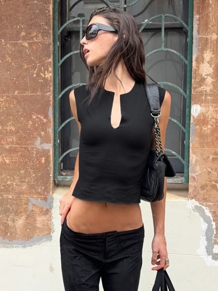V Neck Sleeveless T Shirts Black White Crop Tops Woman Summer Clothes Fashion 2026