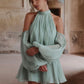 Women Halter Off Shoulder Mini Dress Puff Long Sleeve Chiffon Loose A Line Short Dress Wedding Guest Party Club Outfit