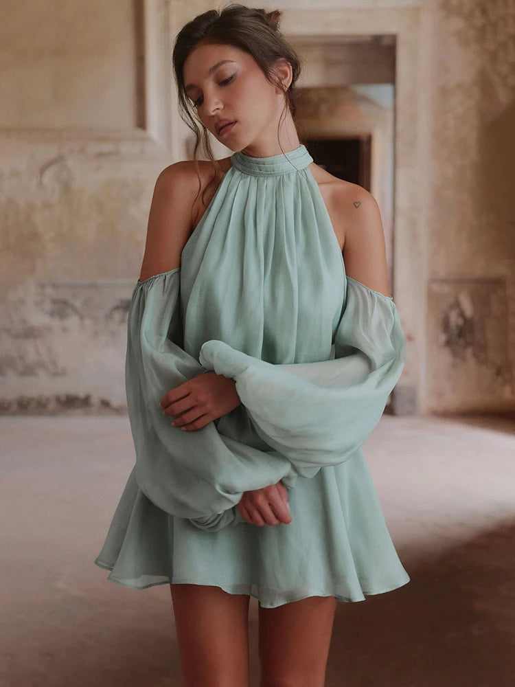Women Halter Off Shoulder Mini Dress Puff Long Sleeve Chiffon Loose A Line Short Dress Wedding Guest Party Club Outfit