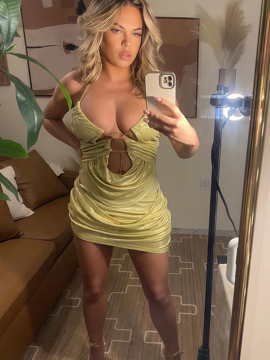 Shell Metal Ring Dress Women Hollow Bright Silk Sexy Bead Chain Halter Backless Patchwork Ruched Vacation Mini Bodycon