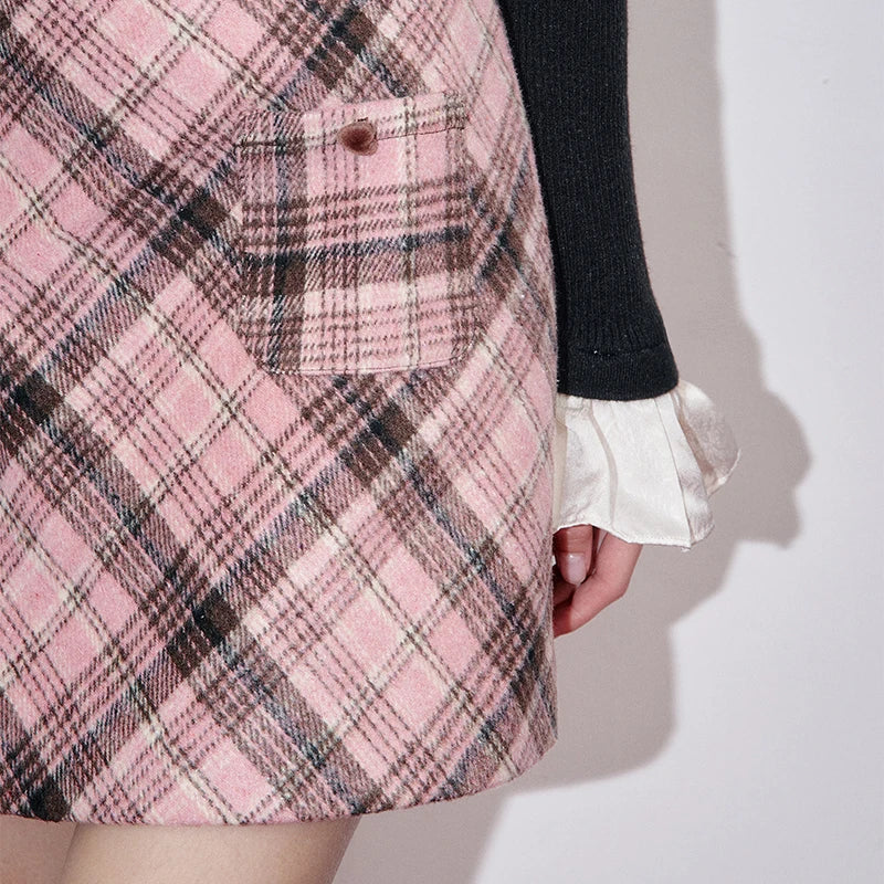 2025 Winter New Arrivals Casual Plaid Wool Blend Color Block A-Line Skirt For Woman