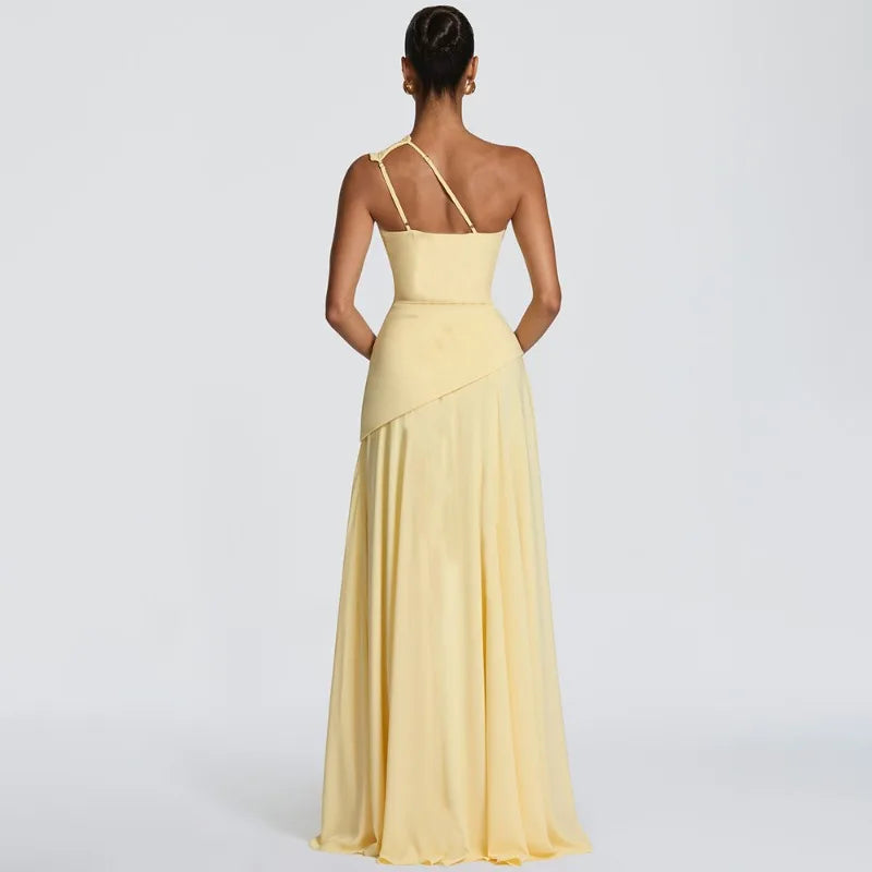 One Shoulder Backless Maxi Dress Brown Yellow Elegant Evening Gown Dresses Woman Wedding Party Attire