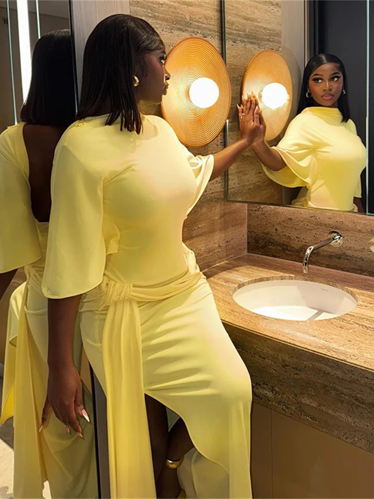 Elegant Dress Women Sexy Split Y2K Belt Ribbon Patchwork Backless Short Sleeve Classic Evening Birthday Party Bodycon