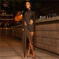 Sexy Long Sleeve Dress Suits Women Two Piece Set See Through Mesh Bodysuit Top Wrap Mini Skirt Club Outfits