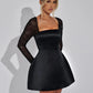 Glitter Long Sleeve Backless Sexy Mini Dress For Women Robe Square Collar Lace-up High Waist A-line Club Dress Elegant