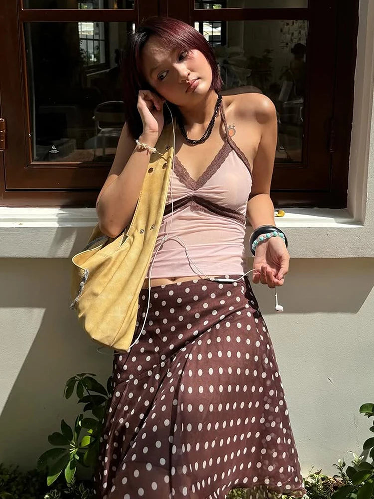 Chic Street 2 Piece Set Women Trend Line Patchwork Sleeveless Tank Top+Polka Dot Print Irregular Hem Skirt Party Suit