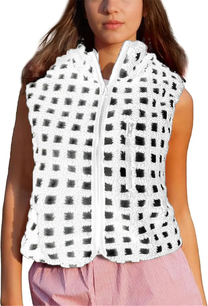 Womens Sherpa Fleece Vest Checkered Sleeveless Zip Up Warm Cardigan Polar Fleece Vest Jacket with Chest Pocket
