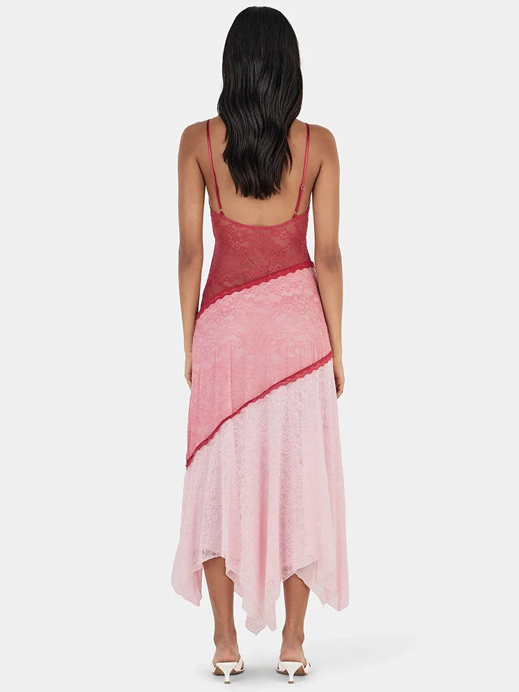 Women Color Block Lace Sexy Midi Dress Spaghetti Strap Sleeveless Asymmetrical Hanky Hem Party Beach Vacation Dresses