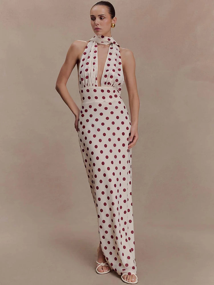 Polka Dot Backless Sexy Maxi Dress Women Elegant Halter Deep V Neck Sleeveless Bodycon Split Club Party Long Dress