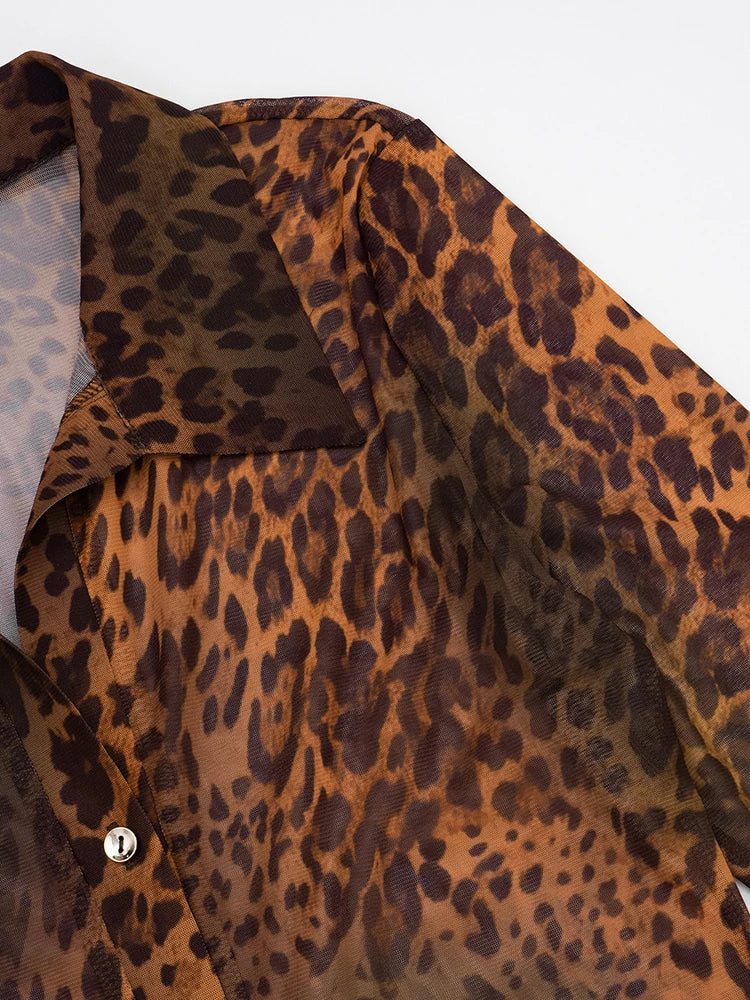 See Through Leopard Print 2 Piece Set Women Sexy Button Tight Blous+Flared Pants Matching Street Club Stretch Outfits