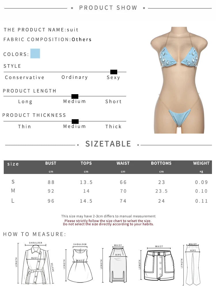 Sexy Fashion Bikini 2 Piece Set Women Small Droplets Decoration Bra Tops+Transparent Straps Thong Beach Style Outfits