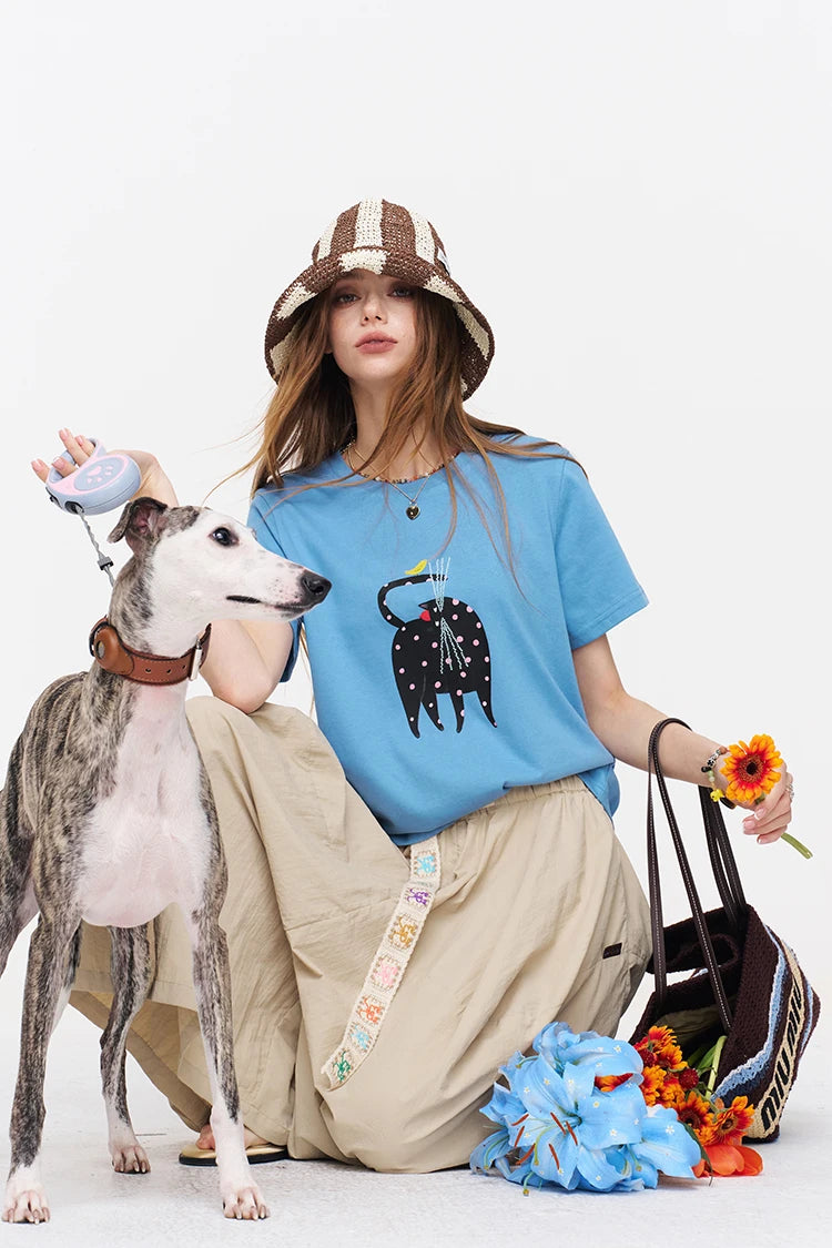 Cat Print Short Sleeve T-Shirt, Casual Round Neck Tee, Basic Daily Top for Women