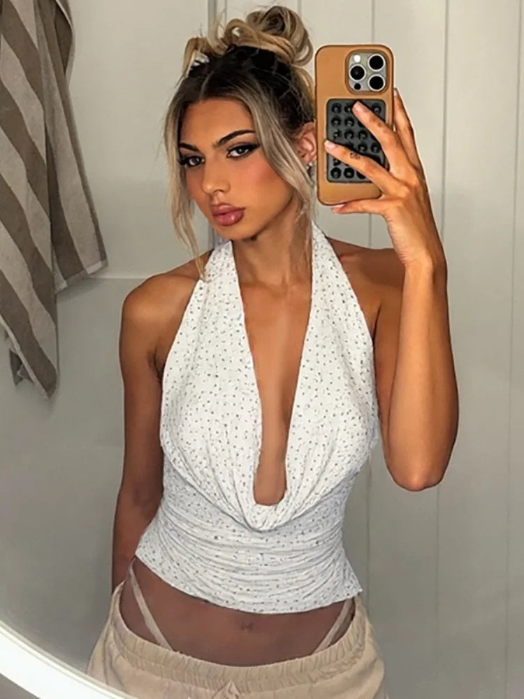 Rhinestone Open Back Crop Tops Sexy Summer Y2k Clothes for Woman Deep V Neck Halter Top Clubwear
