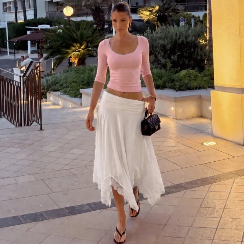 White Long Skirts with Lace Trim Asymmetric Hem Casual Vacation Style Skirt Woman Clothing Bohemian