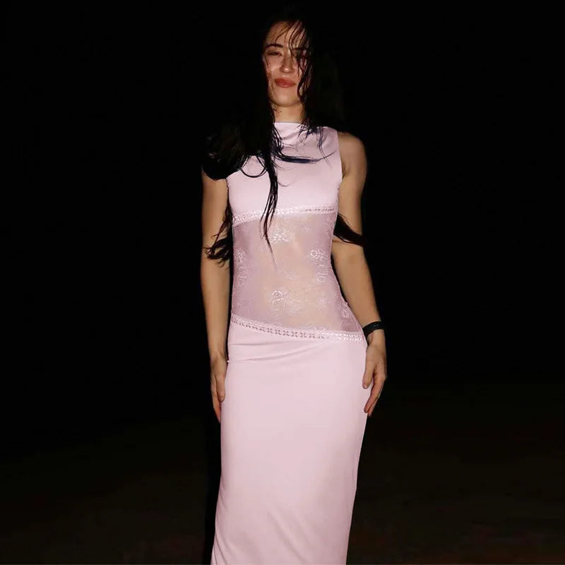 Sexy Summer Hollow Backless Sleeveless Maxi Dress Lace Mesh Splicing Black Party Evening Dresses Woman Elegant