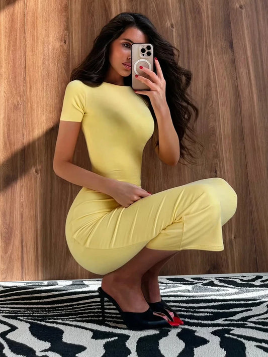 O-Neck Stretch Fashion Classic Dress Women Elegant Sexy Short Sleeve Skinny Trend Simple Evening Prom Party Club Bodycon