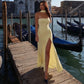 Strapless Backless Side Split Maxi Dress Yellow Elegant Summer Wedding Guest Dresses Woman