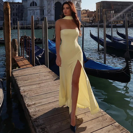Strapless Backless Side Split Maxi Dress Yellow Elegant Summer Wedding Guest Dresses Woman