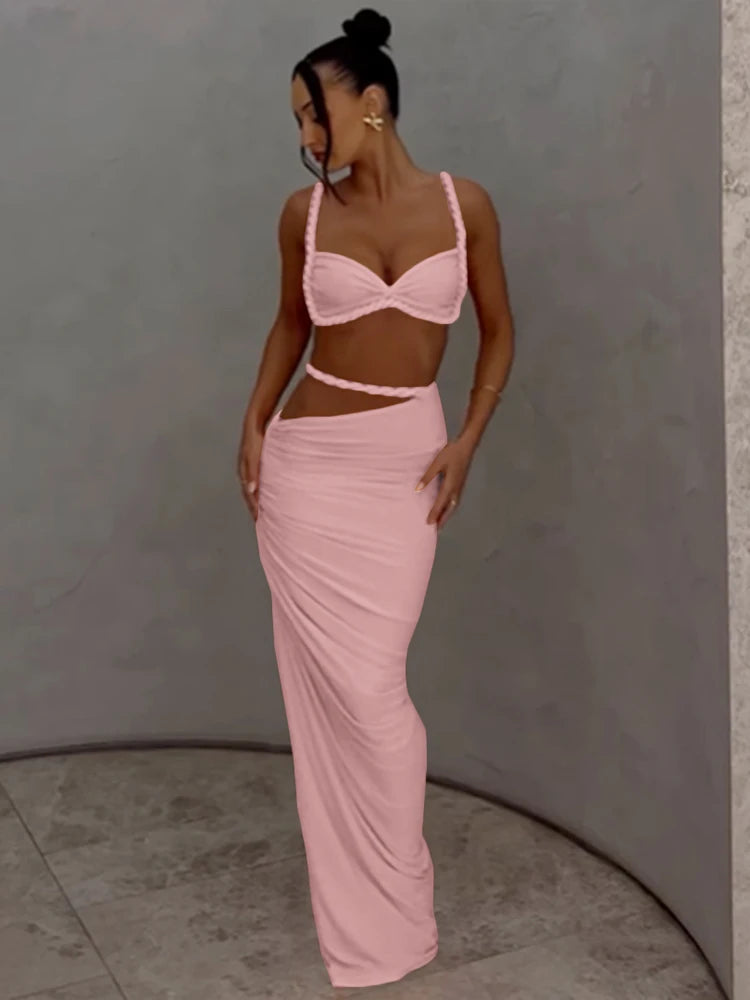 Ruched Y2K Sexy 2 Piece Set Women Plait Camisole+Hollow Skirts Bandage Vacation Beach Party Trend Skinny Clubwear