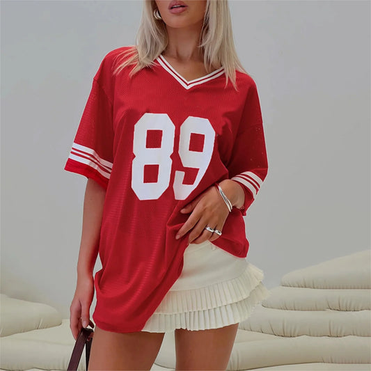 Oversized Jersey Shirts for Women Number Graphic Baggy Tees 90s V Neck Half Sleeve T-Shirts Streetwear Clothes