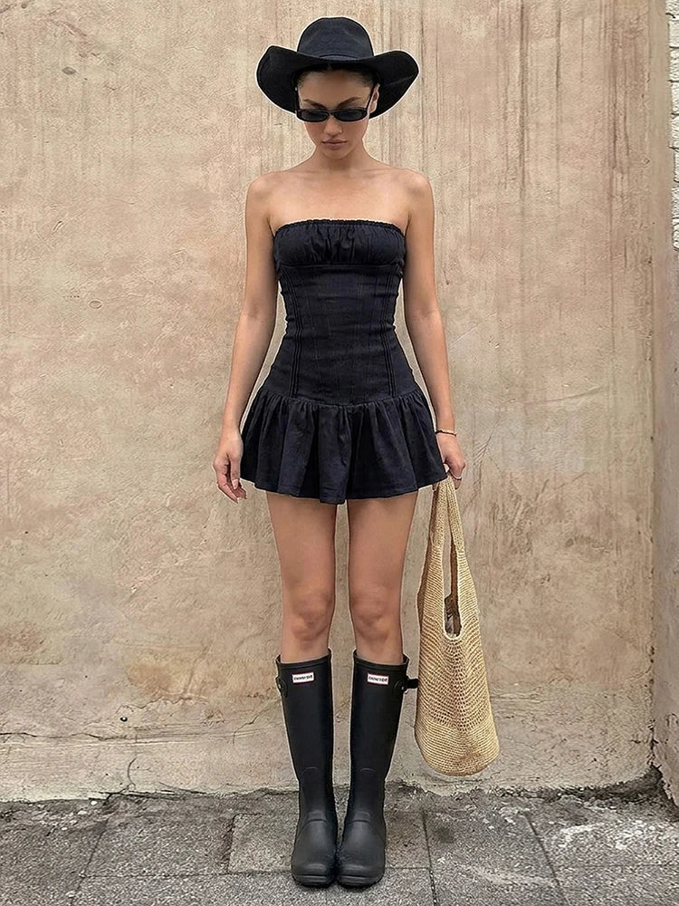Summer Fashion Folds Dress Women Chest Wrap Sleeveless Skinny Sexy Midnight Simple Classic Prom Party Chic Mini Bodycon