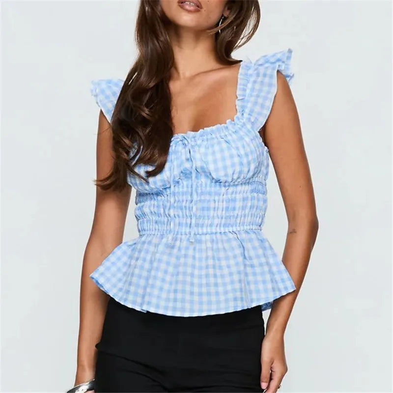 Y2K Sweet Gingham Plaid Peplum Top Women Ruffle Strap Square Neck Smocked Waist Tie Back Casual Summer Blouse