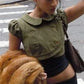 Women's Retro Crop Top with Peter Pan Collar Double Breasted Buttons and Puff Sleeves Y2K Aesthetic Summer Casual Blouse