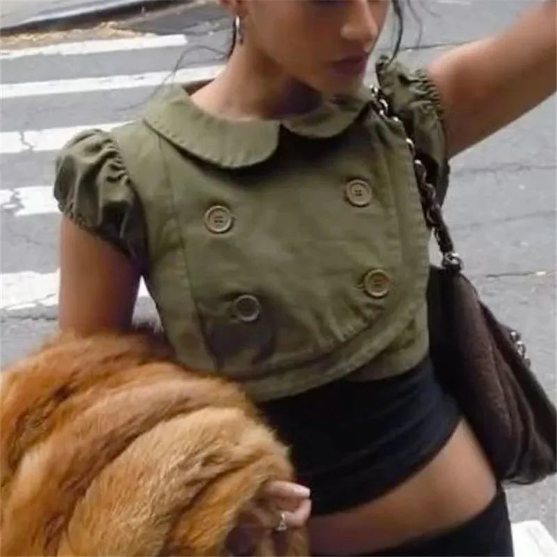 Women's Retro Crop Top with Peter Pan Collar Double Breasted Buttons and Puff Sleeves Y2K Aesthetic Summer Casual Blouse