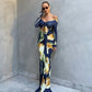 Floral Print Off Shoulder V Neck Hollow Maxi Dress with Long Sleeve Elegant Woman Clothing Fall 2026