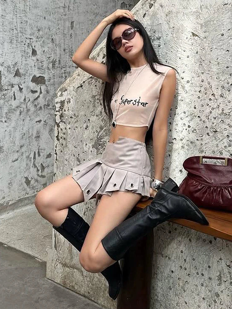 Fashion Hottie Irregular Skirts Women Summer Sexy Metal Hollow Patchwork Ruched Chic Midnight High Street Club Mini Skirt