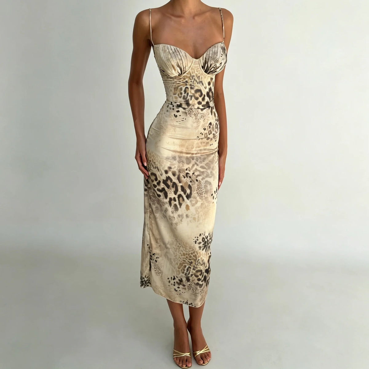 Cheetah Print Bodycon Bandage Dress Woman Elegant Sexy Spaghetti Strap Backless Split Long Dresses