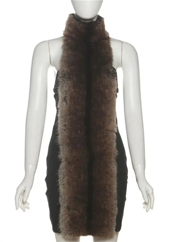 Fluff Patchwork Dress Women Halter Turtleneck Off Shoulder Backless Skinny Peach Hip Hottie High Street Style Bodycon