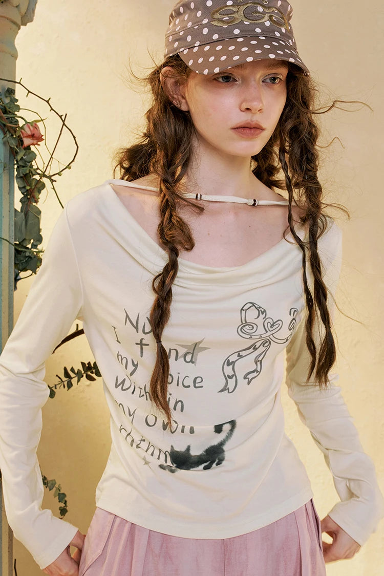 Women's Casual Graphic Long Sleeve Tee with Cat & Letter Print, Loose Fit Cowl Neck Top for Everyday