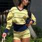 Sporty Stripes 2 Piece Set Women Color Blocking Trend Full Sleeve V-Neck T-Shirt+Bike Short Fashion Simple Streetwear