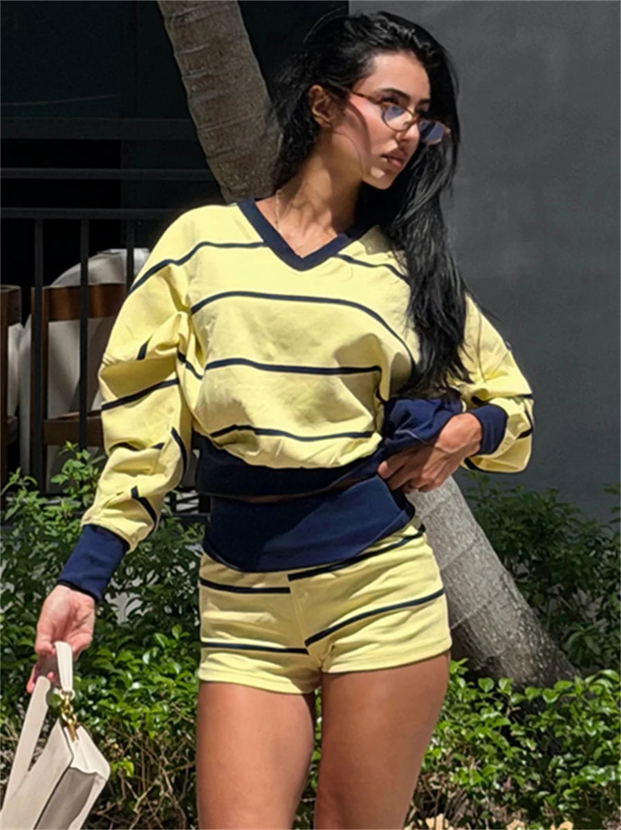 Sporty Stripes 2 Piece Set Women Color Blocking Trend Full Sleeve V-Neck T-Shirt+Bike Short Fashion Simple Streetwear