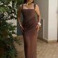 Elegant Ruched Sexy Maxi Dress Women Gown Patchwork Square Collar Sleeveless Backless High Waist Club Party Long Dress