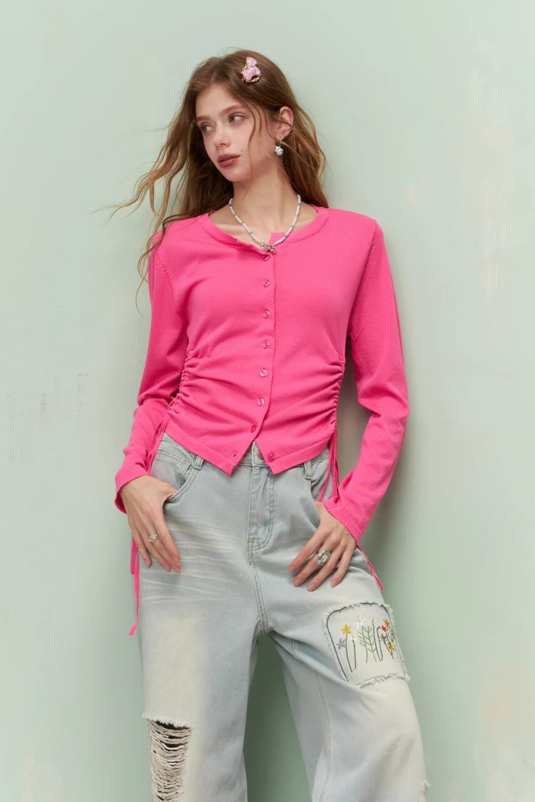 Fresh Girly Drawstring Waist Round Neck Fitted Knit Cardigan For Women