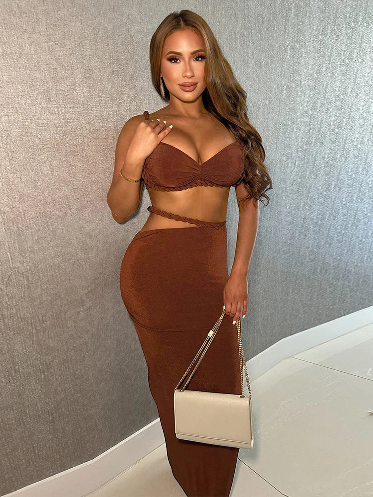 Velvet Y2K Sexy 2 Piece Set Women Vacation Ruched Plait Camisole+Hollow Skirts Bandage Beach Party Skinny Clubwear