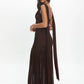 Women Draped Cowl Neck Mesh Maxi Dress Sleeveless Ruched Bodycon Long Dress Side Split Flowy Party Evening Long Dresses