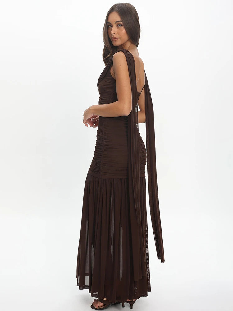 Women Draped Cowl Neck Mesh Maxi Dress Sleeveless Ruched Bodycon Long Dress Side Split Flowy Party Evening Long Dresses